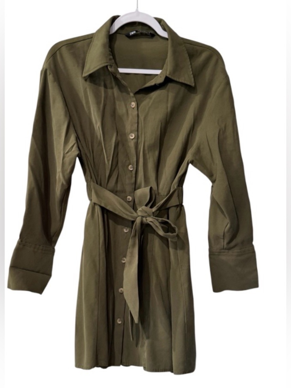 Zara women’s Medium long sleeve button down olive green mini shirtdress